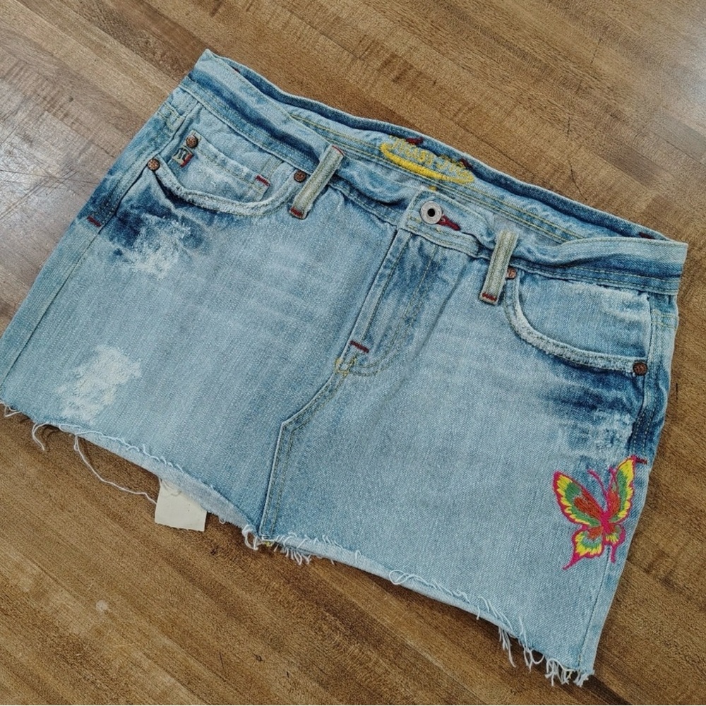 Miss Me Light Blue Denim Mini Skirt with Butterfly Embroidery